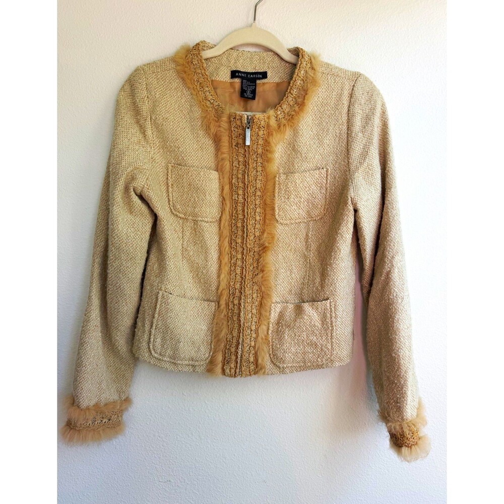 Anne Carson Silk Blend Tweed Jacket Faux Fur Trim Zip Y2K Vintage Style Small